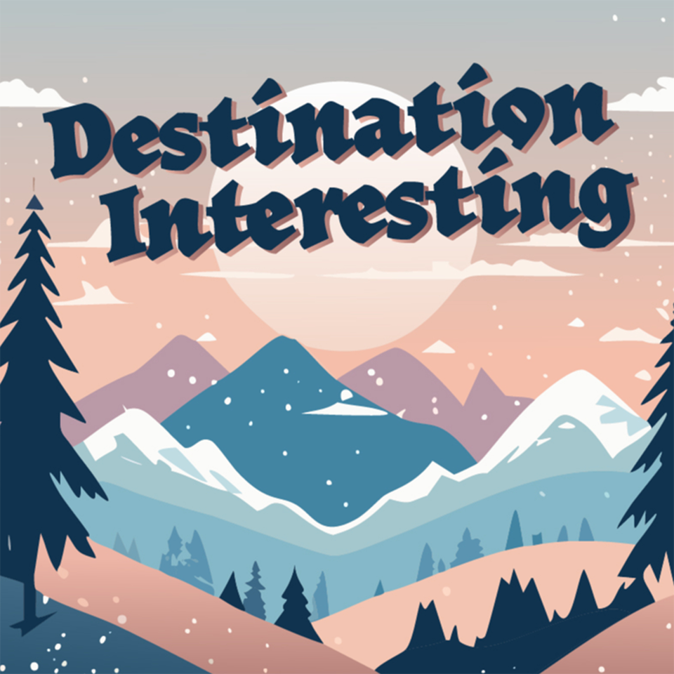 Destination Interesting Logo with illustrated mountain scene background